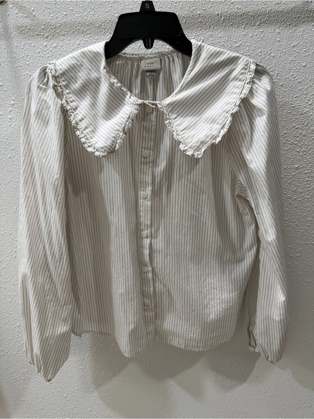 A New Day Cream Pinstripe Ruffle Collar Button-Down Shirt